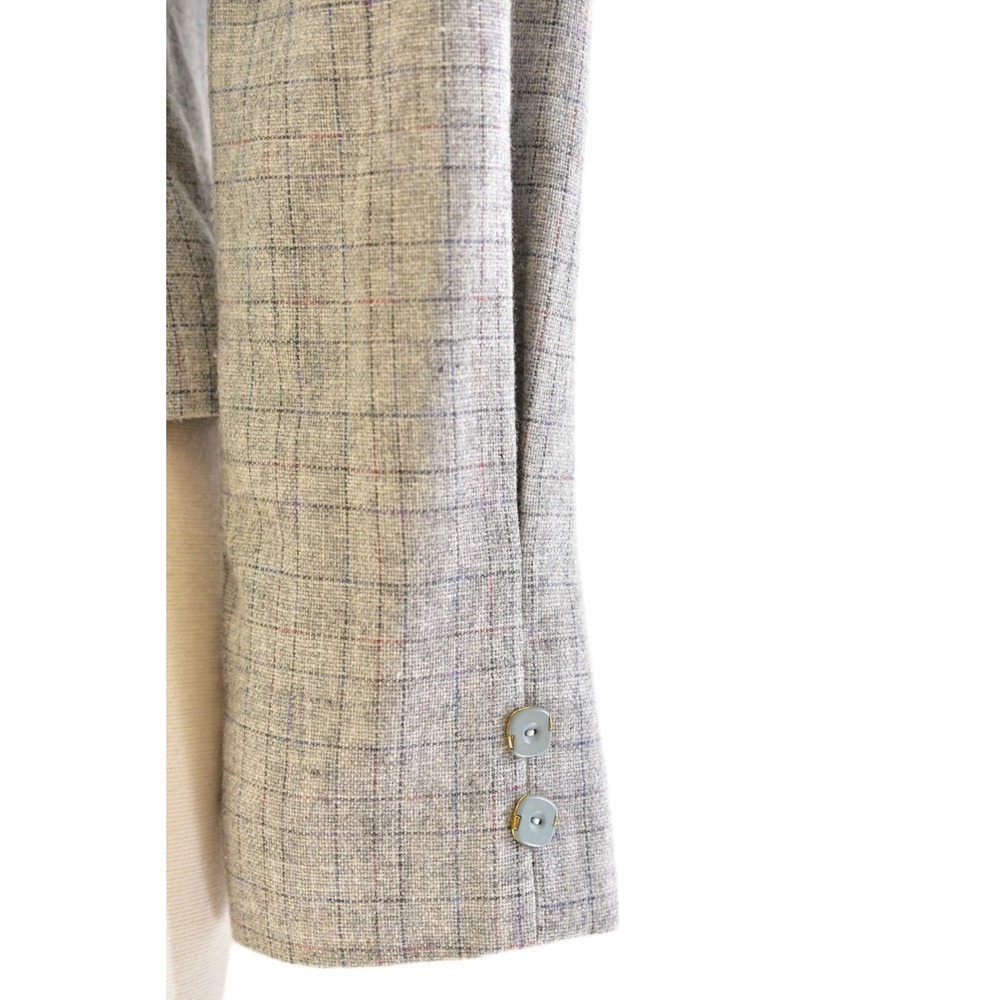 70s Vintage Gray Peplum Blazer Womens S Mod Windowpane Plaid Puff Sleeve Jacket - Picture 4 of 6
